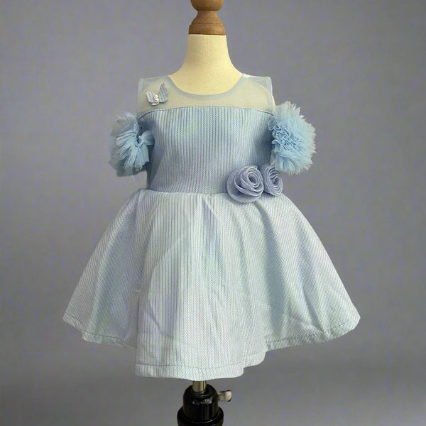Sky Blue Colored Shinny Frock with cold shoulder sleeves for Birthday