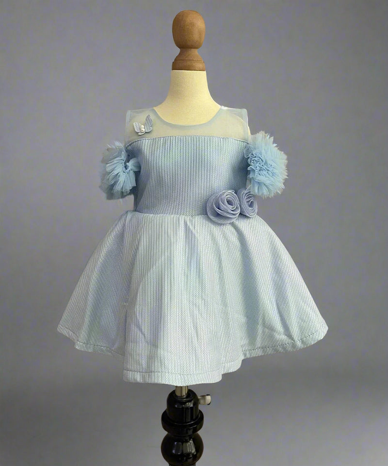 Sky Blue Colored Shinny Frock with cold shoulder sleeves for Birthday