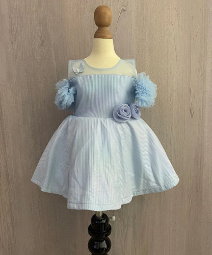 Sky Blue Colored Shinny Frock with cold shoulder sleeves for Birthday