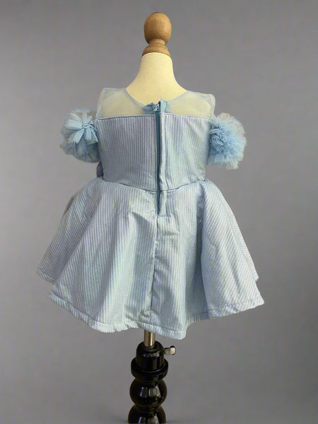 back view for shiny sky blue frock for baby girls 