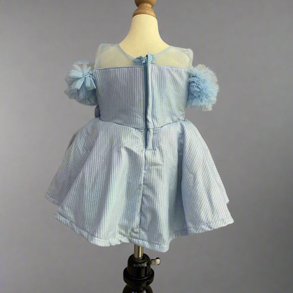 back view for shiny sky blue frock for baby girls 