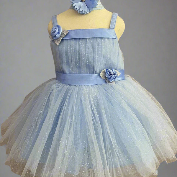 sky blue shimmering frock for baby girl with hair accessories  