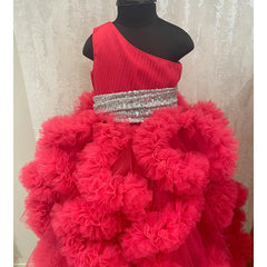 designer wedding wear pink one shoulder ruffled gown for girls 