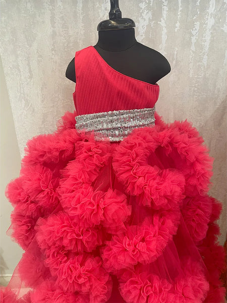 designer wedding wear pink one shoulder ruffled gown for girls 