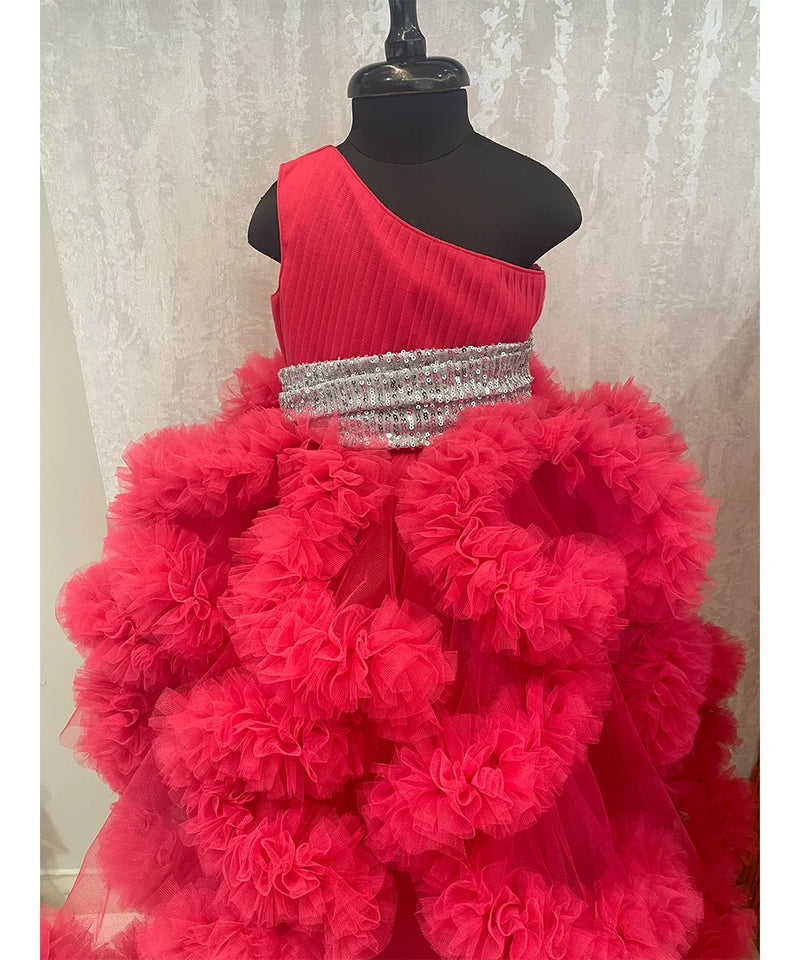 designer wedding wear pink one shoulder ruffled gown for girls 