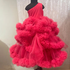 back view of pink one shoulder ruffled gown for girls 