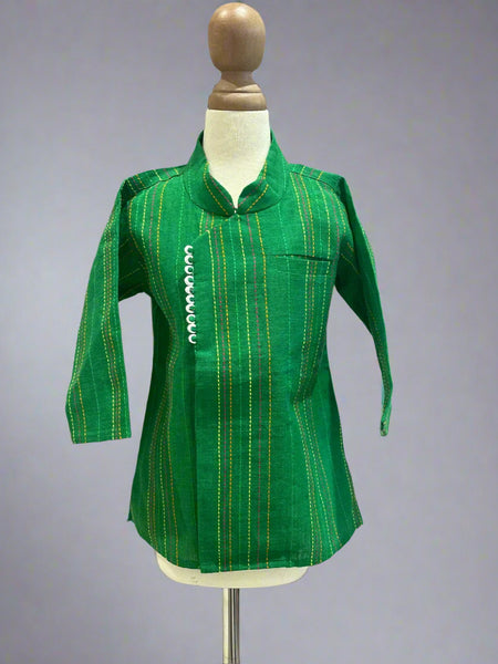  It is a green colored self-embroidered traditional kurta for boys that comes with a matching white dhoti.