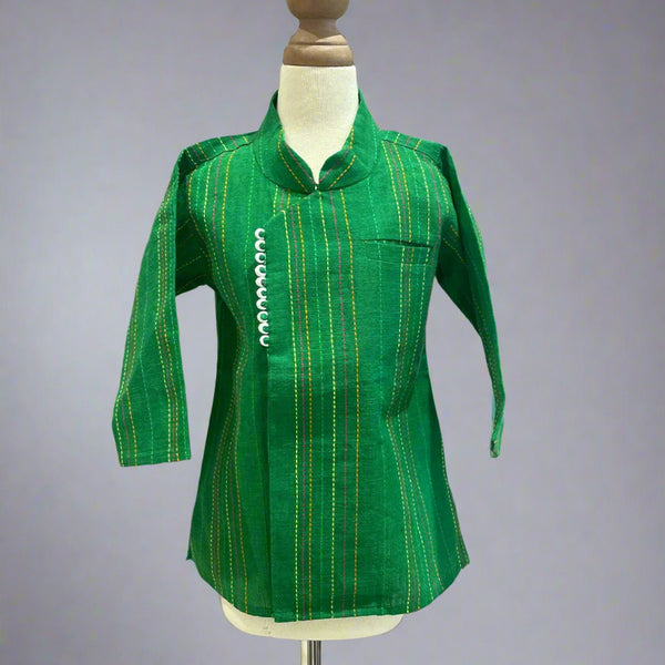  It is a green colored self-embroidered traditional kurta for boys that comes with a matching white dhoti.
