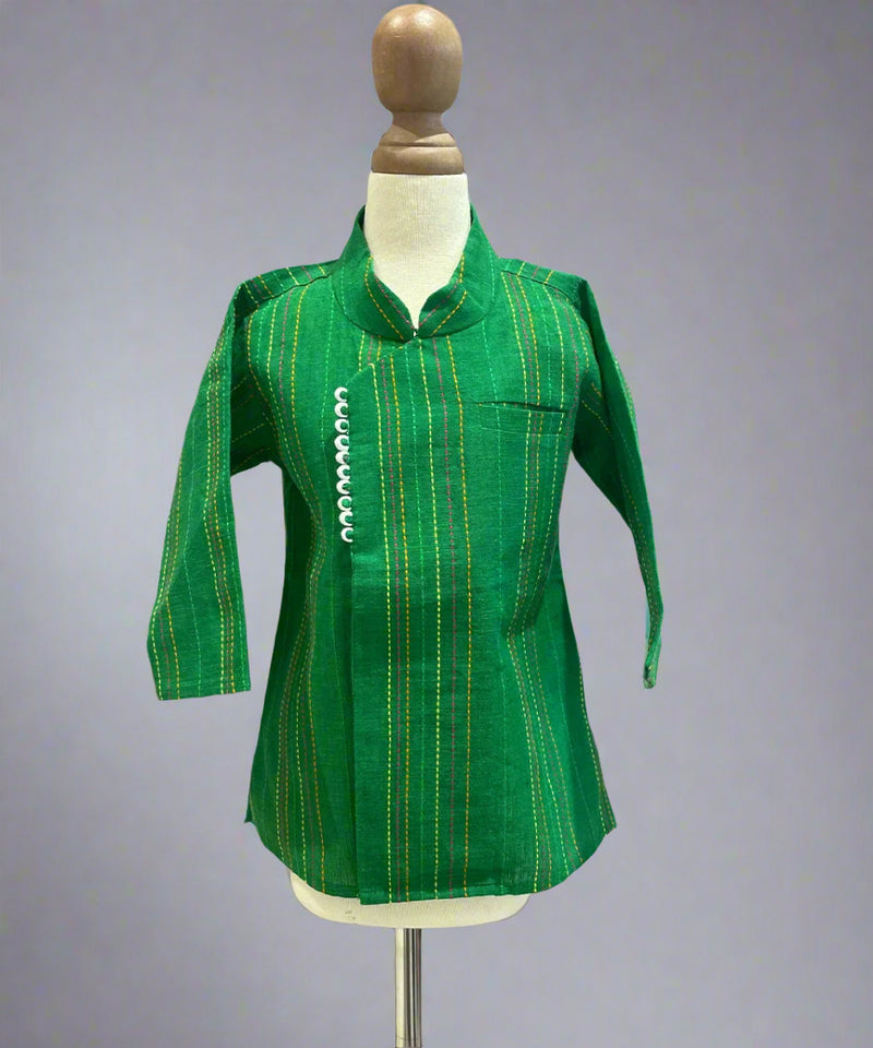  It is a green colored self-embroidered traditional kurta for boys that comes with a matching white dhoti.