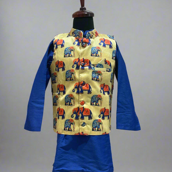 It is a royal blue colored kurta for boys that comes with a cream coloured pyjama and golden coloured self-printed jacket.