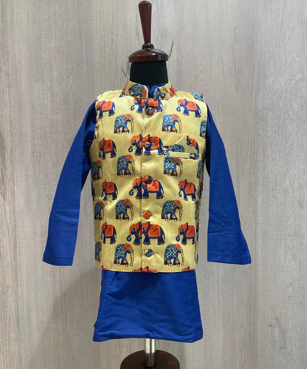 It is a royal blue colored kurta for boys that comes with a cream coloured pyjama and golden coloured self-printed jacket.