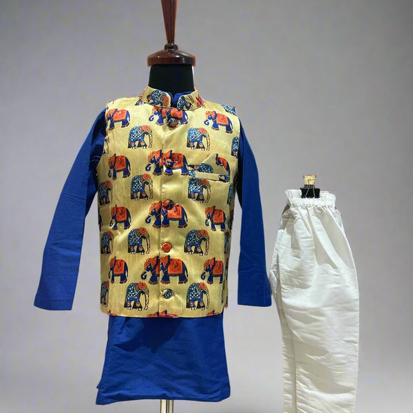 royal blue kurta with pajama & yellow printed nehru jacket for boys