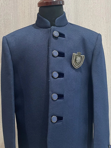 wedding wear navy jodhpuri suit for boys with broach