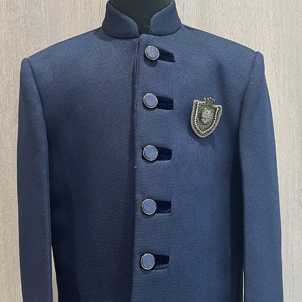 wedding wear navy jodhpuri suit for boys with broach