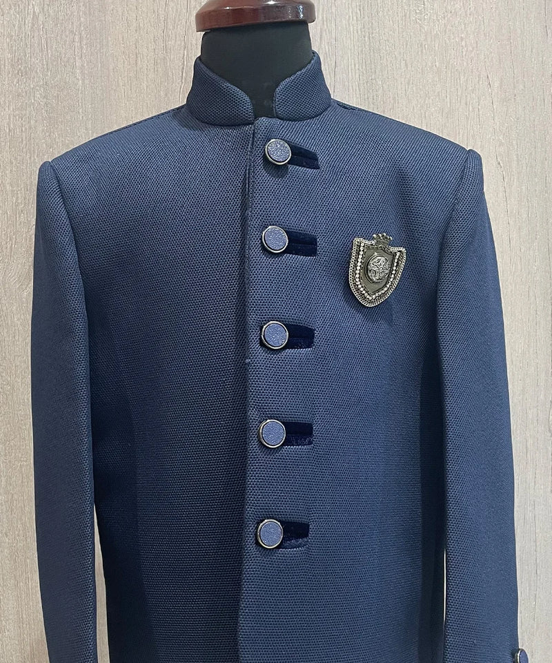 wedding wear navy jodhpuri suit for boys with broach