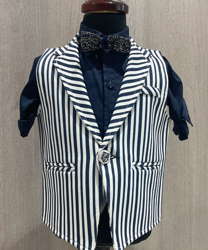 Navy Colored Self-Striped Waist Coat Set for Boys