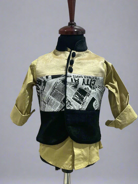 This boys party clothes set consists of a stylish waistcoat and a camel Colored shirt.