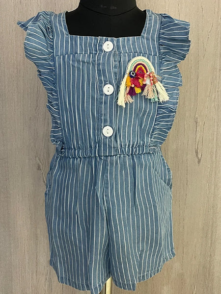 Blue Colored Self-Striped Jumpsuit for Girls