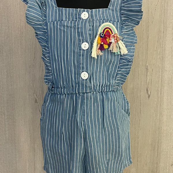 Blue Colored Self-Striped Jumpsuit for Girls