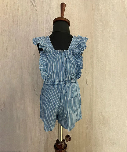 Blue Colored Self-Striped Jumpsuit for Girls