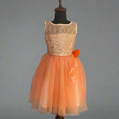 It’s a orange Colored frock that comes with a back zip closure. These kids party wear clothes are an amazing option to shop online. It features sequin and floral detailing on the dress.