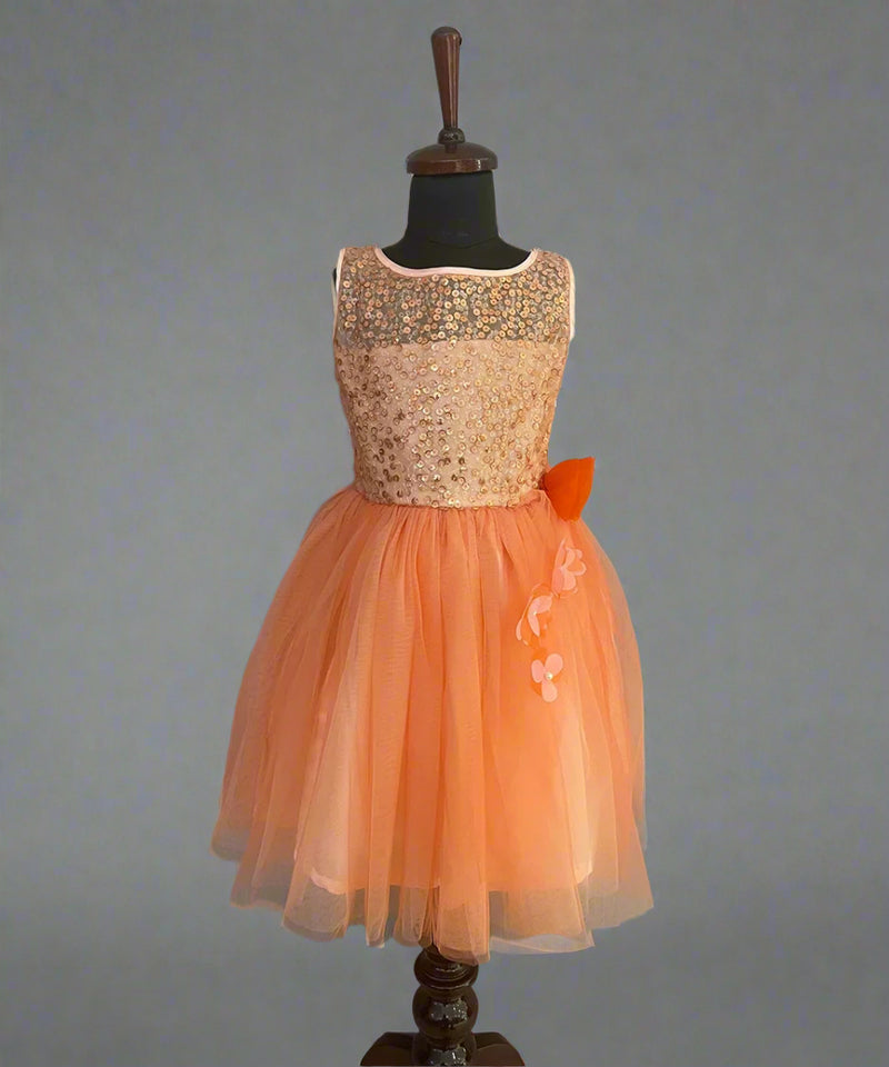 It’s a orange Colored frock that comes with a back zip closure. These kids party wear clothes are an amazing option to shop online. It features sequin and floral detailing on the dress.