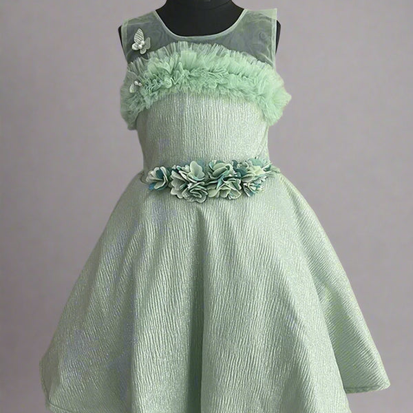 pista green party wear floral frock for girls 