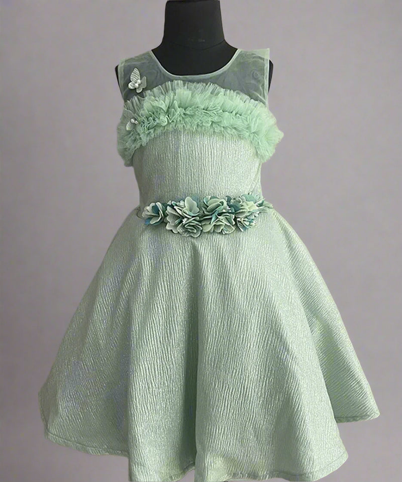 pista green party wear floral frock for girls 