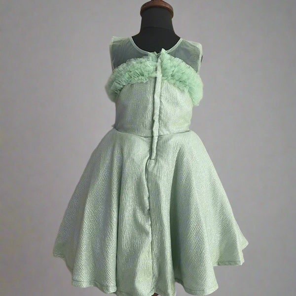 back view of pista green frock for girls