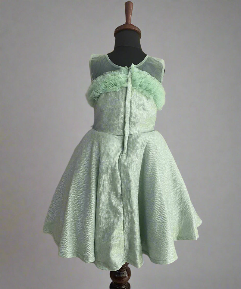 back view of pista green frock for girls