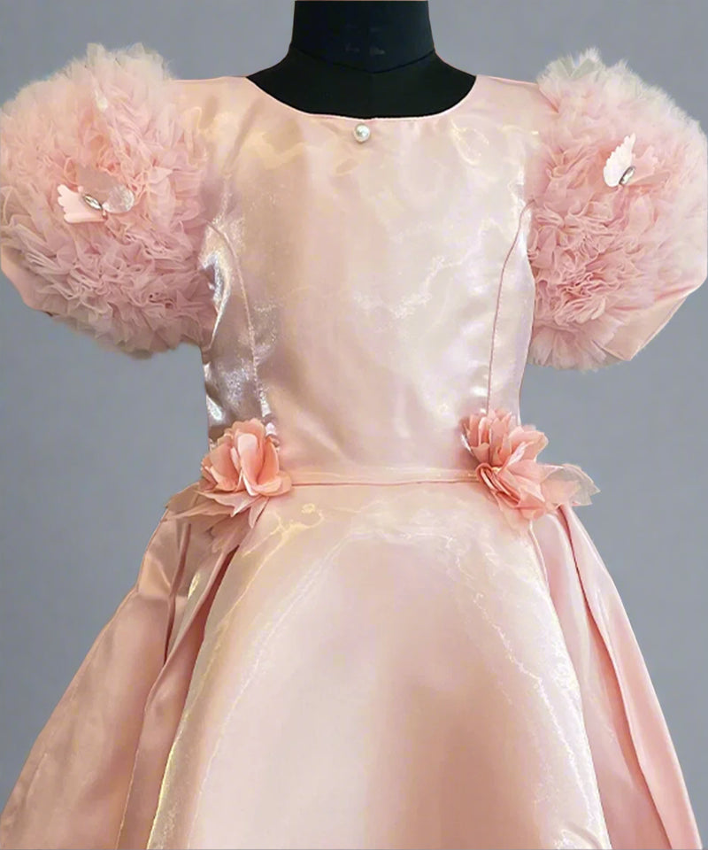 peach puffy sleeve frock for girls 