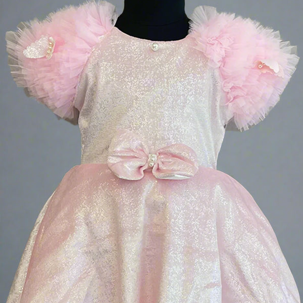 baby pink shimmery velvet frock with puffed sleeve for baby girls 