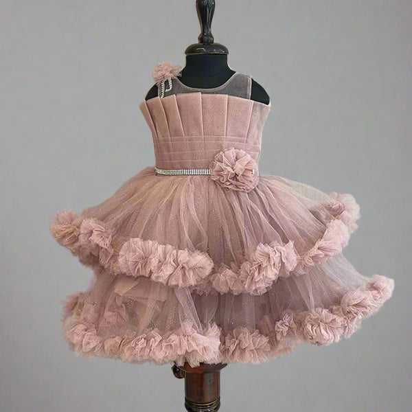onion pink frock with a trail for baby girls 