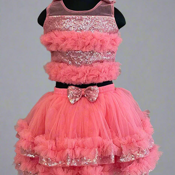 shimmery pink skirt top set with a bag for baby girls 