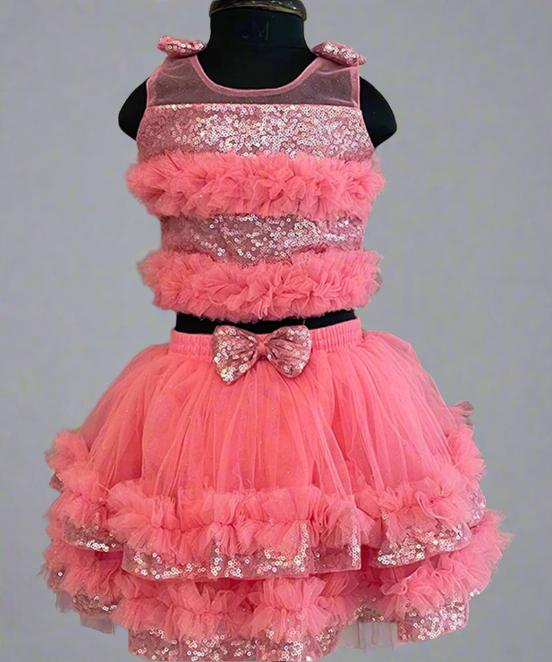 shimmery pink skirt top set with a bag for baby girls 
