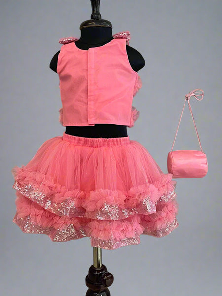 back view of pink skirt top set for baby girls 