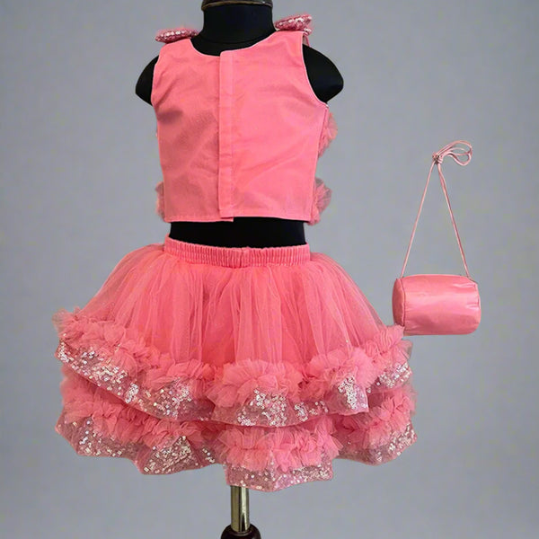 back view of pink skirt top set for baby girls 