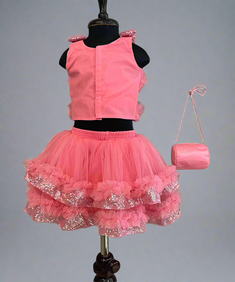 back view of pink skirt top set for baby girls 