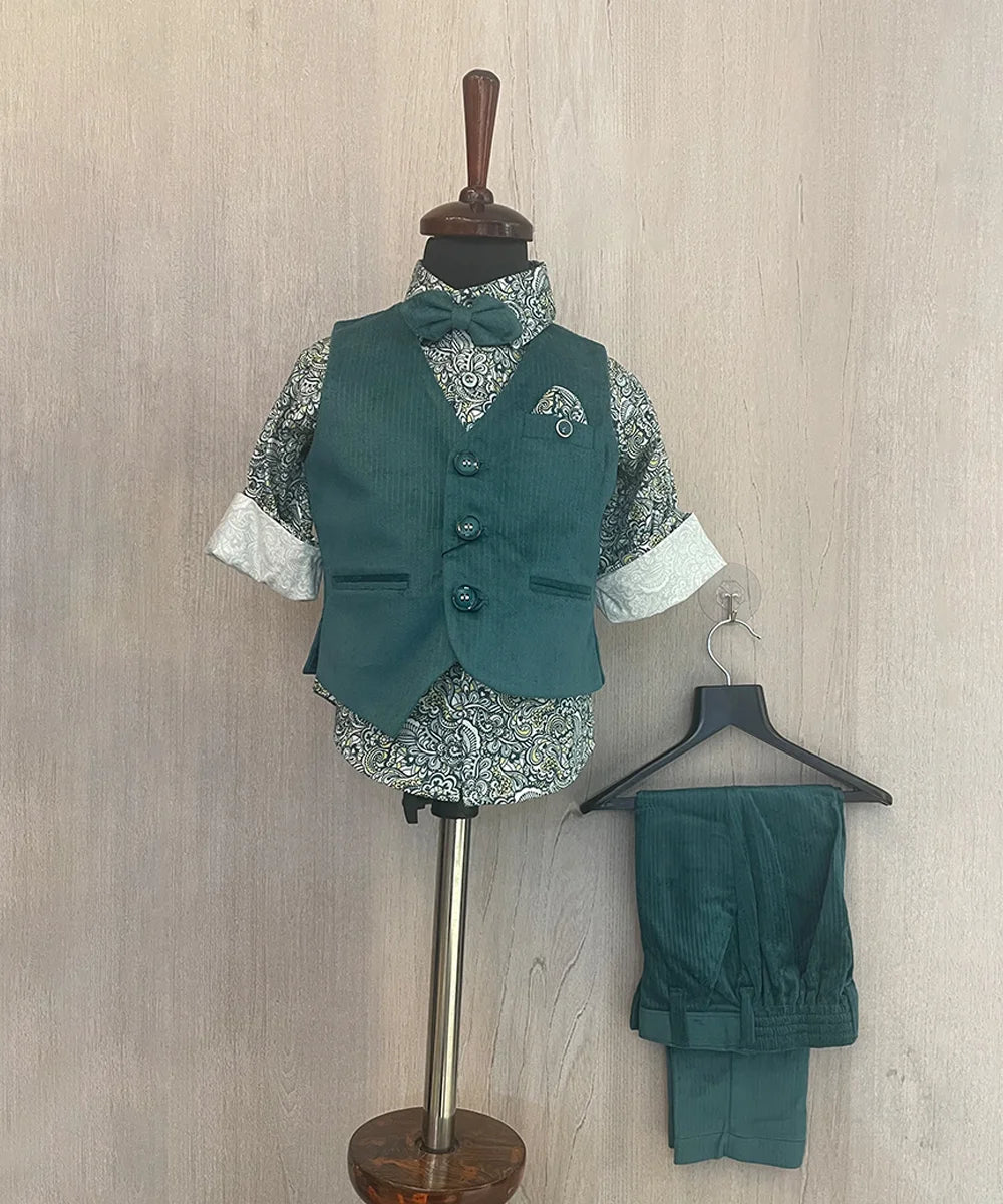 Green Colored Self-Printed Waist Coat Set for Boys
