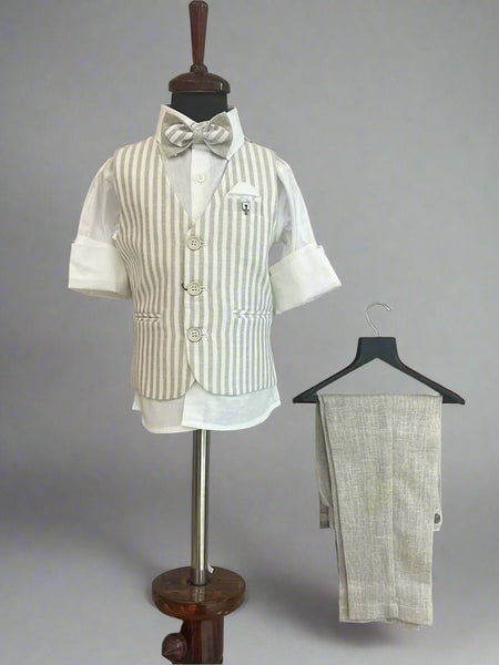 white shirt & formal beige pants paired with beige striped waist coat & bow for boys 