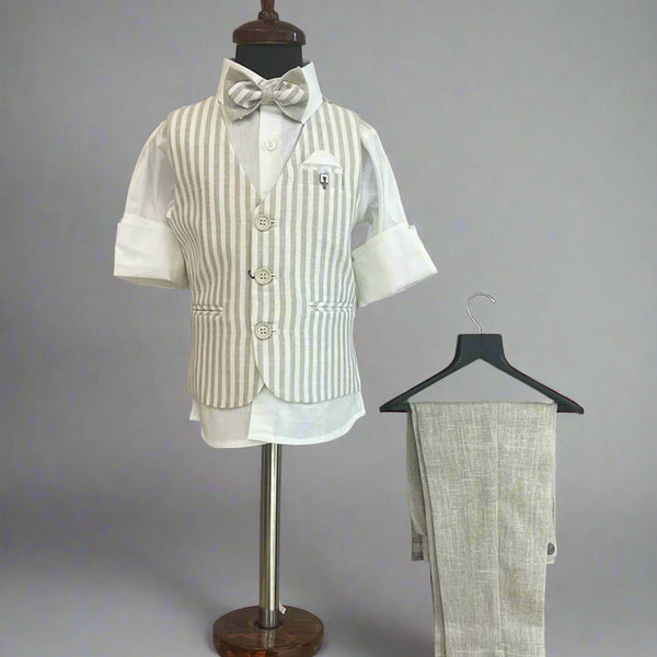 white shirt & formal beige pants paired with beige striped waist coat & bow for boys 