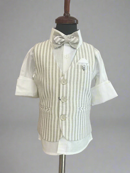 This white and beige dress consists of a self-striped waistcoat, matching pants and a white Coloured shirt. It features a matching bow, a cute broach and a pocket square.