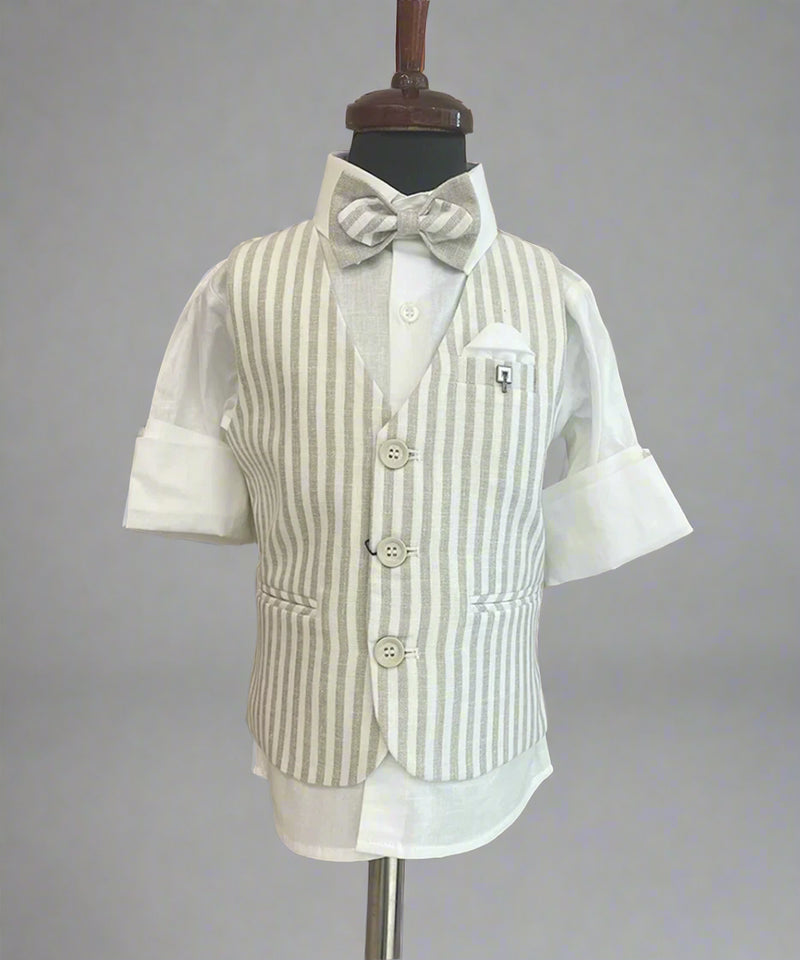 This white and beige dress consists of a self-striped waistcoat, matching pants and a white Coloured shirt. It features a matching bow, a cute broach and a pocket square.