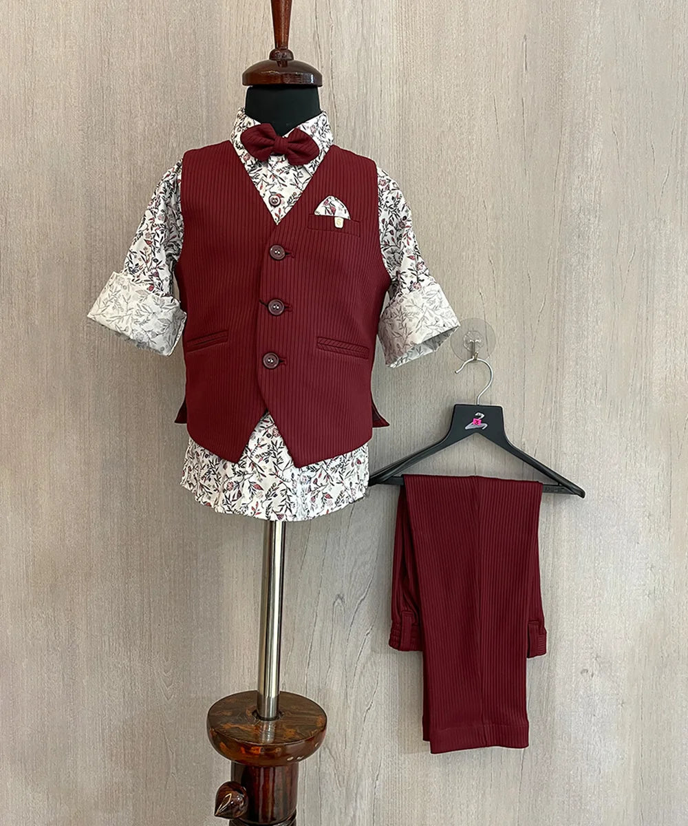 Maroon Colored Waist Coat with Printed Party Shirt