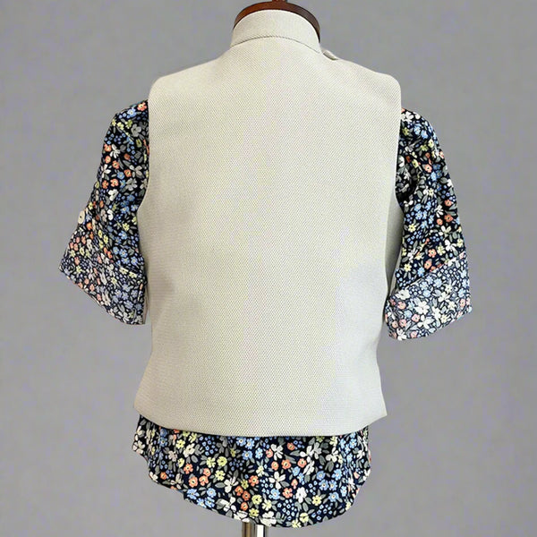 back view of cream waist coat suit set for boys 