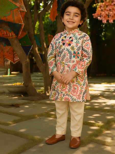 Child wearing a floral kurta with beige pants standing outdoors.