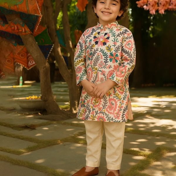 Child wearing a floral kurta with beige pants standing outdoors.