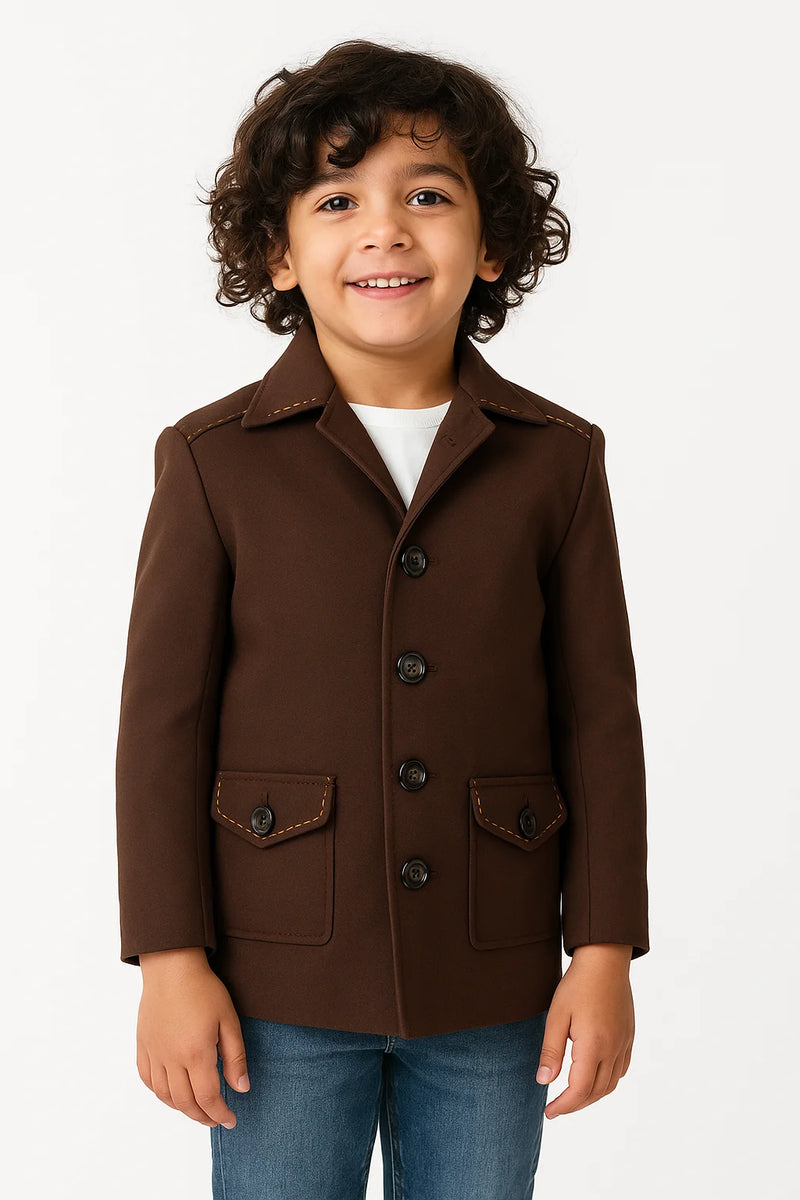 Child wearing a brown coat on a white background