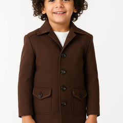 Child wearing a brown coat on a white background