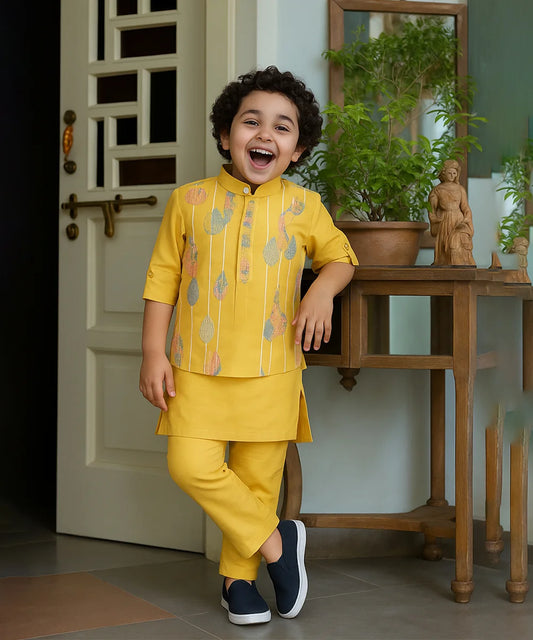 Child in a yellow outfit standing in a room with a wooden table and plants.